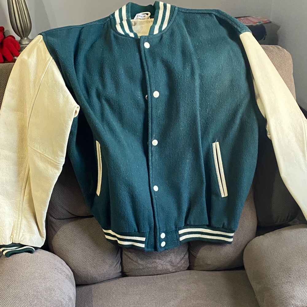 Classic Varsity Jacket in Teal and Cream
